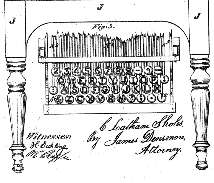 Patente de Christopher Sholes mostranto o teclado QWERTY