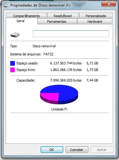 Espaço em disco no pendrive