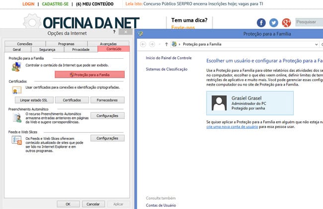 Controle parental encontrado em Opções da Internet / Conteúdo / Proteção para a Família