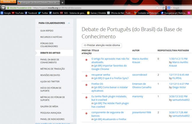 Central de debates do Firefox onde são encontradas as dúvidas que os usuários expõem e a comunidade discute uma solução.