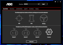 Na aba “Game mode” podemos selecionar três presets horríveis de fábrica: FPS, RTS e Racing. Abaixo disso, temos a opção de customizar quatro perfis diferentes. Na aba “Game mode” podemos selecionar três presets horríveis de fábrica: FPS, RTS e Racing. Abaixo disso, temos a opção de customizar quatro perfis diferentes.