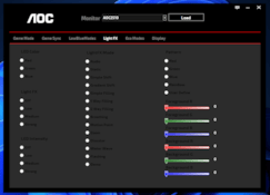A aba Light Fx é responsável pela configuração de luzes RGB, mas, apesar de ser gamer, esse monitor felizmente não consta com nenhuma espécie de iluminação própria. A aba Light Fx é responsável pela configuração de luzes RGB, mas, apesar de ser gamer, esse monitor felizmente não consta com nenhuma espécie de iluminação própria.