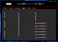 A aba Light Fx é responsável pela configuração de luzes RGB, mas, apesar de ser gamer, esse monitor felizmente não consta com nenhuma espécie de iluminação própria.