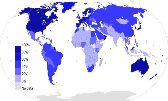 Porcentagem de usuários da internet em relação a população total do país