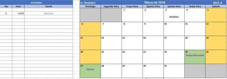 Calendário e agendador de tarefas 2016 no Excel