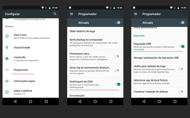 Depuração USB e desbloqueio de OEM.