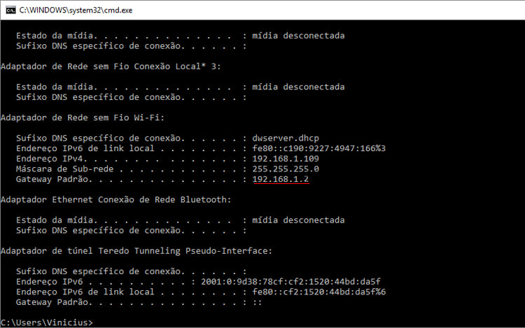 Observe o seu Gateway Padrão.