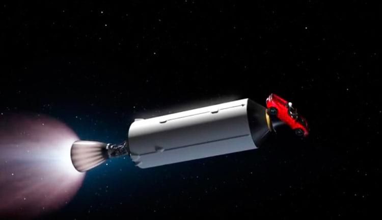 Representação de como o Roadster segue sendo impulsionado pelo espaço Representação de como o Roadster segue sendo impulsionado pelo espaço