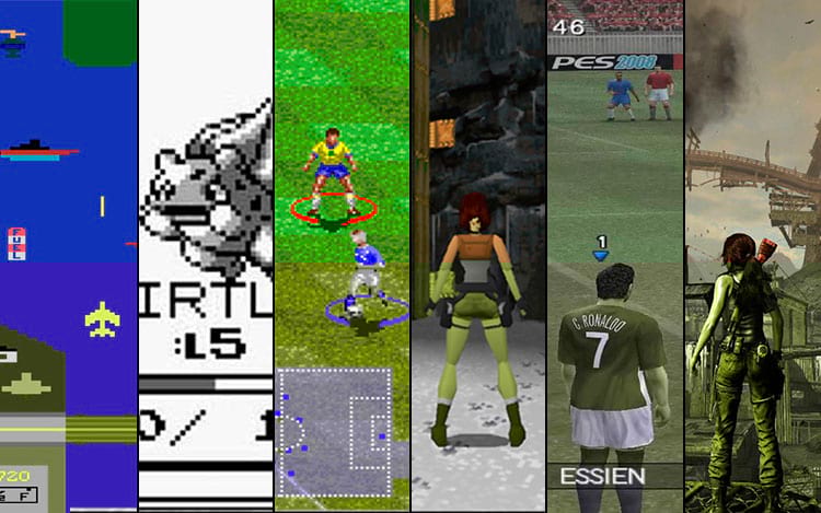 Da esquerda para a direita: Atari; Game Boy; Super Nintendo; Playstation 1; Playstation 2; Playstation 4 Da esquerda para a direita: Atari; Game Boy; Super Nintendo; Playstation 1; Playstation 2; Playstation 4