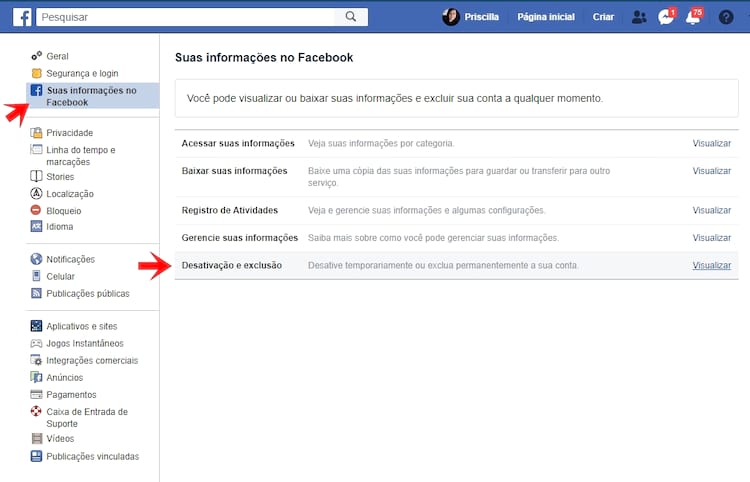 Suas Informações no Facebook > Desativação e Exclusão Suas Informações no Facebook > Desativação e Exclusão