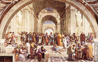 A Escola de Atenas, a obra mais famosa de Rafael Sanzio, um dos mais importantes mestres da arte renascentista