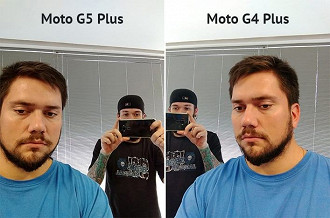 Outra selfie e novamente tons mais amarelados na foto do G5. Também podemos ver que a parede, lá em cima, está de novo mais fiel e não estourada como no G4.