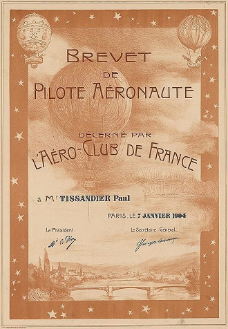 Brevê de piloto de balão emitdo em 1904 pelo Aeroclube da França