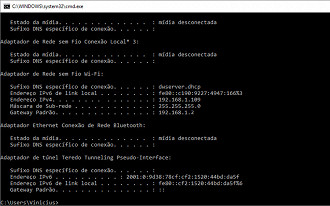 Comando ipconfig no CMD.