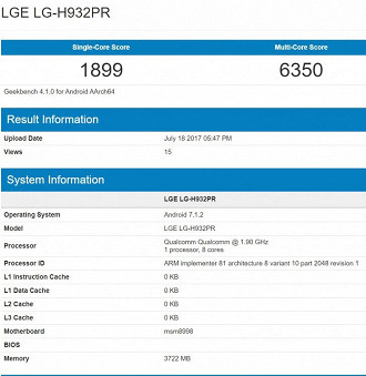 Dados do teste de benchmark do LG V30
