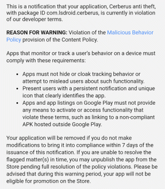Aviso enviado pela Google para os responsáveis pelo aplicativo Cerberus