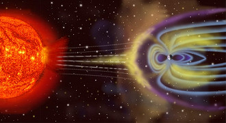 Simulação de uma EMC atingindo a Terra em cheio. Note que por isso que acontece a Aurora Boreal