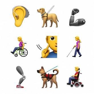 A lista inclui pessoas em cadeira de rodas, uma com bengala. Além da representação de um aparelho auditivo e ainda um cão guia.