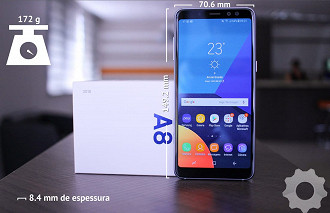 Galaxy A8 - dimensões do aparelho: 149.2 x 70.6 x 8.4 e ele pesa 172g.