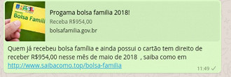 Golpe do Bolsa Família sendo propagado pelo aplicativo