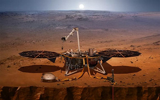 Renderização do lander InSight em Marte. (Imagem: NASA)