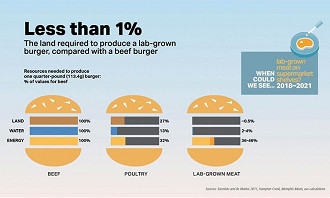 Comparação dos gastos de área, água e energia na produção de carne bovina, frango e carne em laboratório