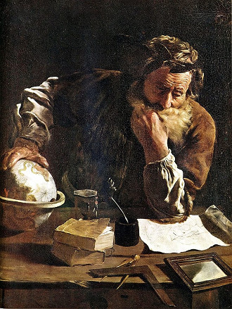 Arquimedes representado por Domenico Fetti com a mão sobre a Esfera de Arquimedes