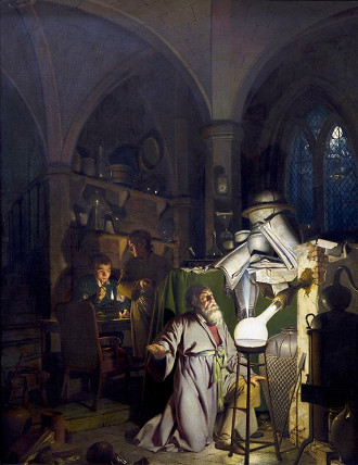 Pintura de Joseph Wright em 1771 mostra um alquimista em busca da pedra filosofal