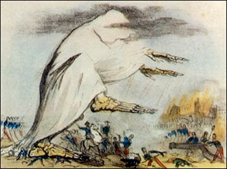 Ilustração do século XIX representa a epidemia de cólera se espalhando na forma de um ar