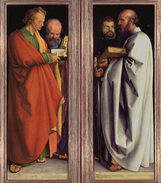  Albrecht Dürer representou os humores na obra Quatro Apóstolos: São João (temperamento melancólico), São Pedro (sanguíneo), São Marcos (fleumático) e São Paulo (colérico)
