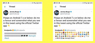 Aplicativo do Twitter para Android 7.1 antes (esquerda) e depois (direita) com a mudança para o Twemoji. (Imagem: Emojipedia)