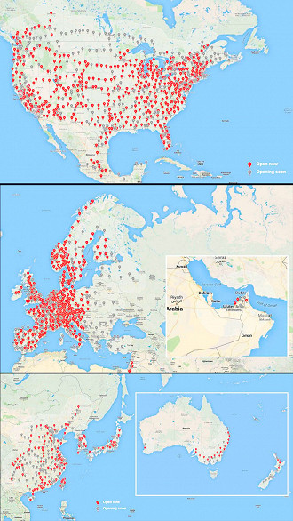 Locais onde você pode estacionar e carregar um tesla. Pontos vermelhos são Superchargers em operação, pontos cinza são em construção