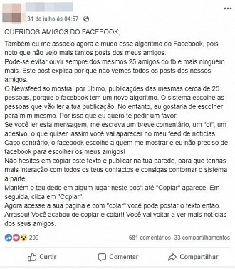 Texto que fala sobre alteração de exibição de publicações no Facebook é falso.