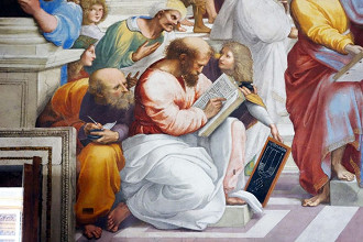 Pitágoras, matemático grego considerado como o maior matemático de todos os tempos, representado nA Escola de Atenas