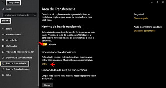 Histórico da área de transferência e sincronização na nuvem