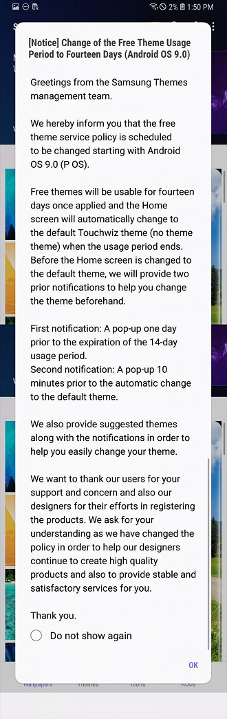 Samsung irá permitir que somente temas gratuitos sejam usados por 14 dias. Samsung irá permitir que somente temas gratuitos sejam usados por 14 dias.