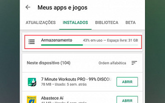 Nesta página o usuário já pode visualizar a quantidade de armazenamento interno disponível no aparelho