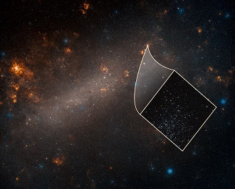 Esta é uma visão do telescópio terrestre da Grande Nuvem de Magalhães, uma galáxia satélite da nossa Via Láctea. A imagem inserida, tirada pelo Telescópio Espacial Hubble, revela um dos muitos aglomerados estelares espalhados pela galáxia anã.(Imagem: © NASA, ESA, Adam Riess e Palomar Digitized Sky Survey)