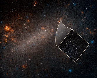Esta é uma visão do telescópio terrestre da Grande Nuvem de Magalhães, uma galáxia satélite da nossa Via Láctea. A imagem inserida, tirada pelo Telescópio Espacial Hubble, revela um dos muitos aglomerados estelares espalhados pela galáxia anã.(Imagem: © NASA, ESA, Adam Riess e Palomar Digitized Sky Survey) Esta é uma visão do telescópio terrestre da Grande Nuvem de Magalhães, uma galáxia satélite da nossa Via Láctea. A imagem inserida, tirada pelo Telescópio Espacial Hubble, revela um dos muitos aglomerados estelares espalhados pela galáxia anã.(Imagem: © NASA, ESA, Adam Riess e Palomar Digitized Sky Survey)
