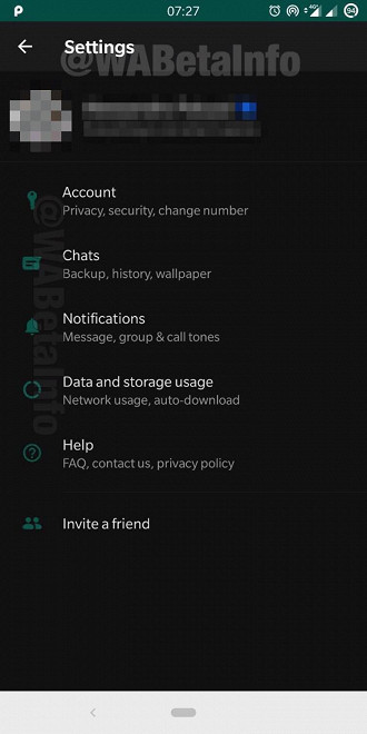Printscreen das configurações no Whatsapp dark mode