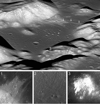 O asterisco representa o local de pouso do Apollo 17. Já os números 1 e 3 mostram deslizamentos de terra em locais distintos, enquanto o 2 mostra pedregulhos que rolaram pela superfície lunar.