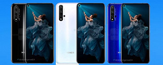 Honor 20 aparece nas cores preto, branco e azul. Ambas versões contarão com câmera quádrupla traseira.