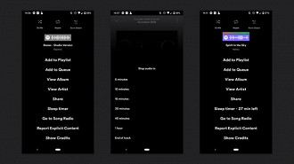 Para ativar o timer do Spotify (ou sleep timer, em inglês) é preciso selecionar a música ou podcast e clicar nos três pontos no canto superior da tela. Então é só selecionar o Timer e escolher por quanto tempo quer que a música fique tocando.