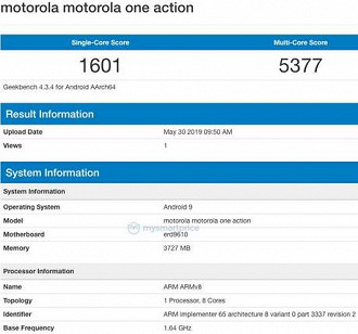 Motorola One Action aparece no Geekbench com pontuação de 1601 no single-core e 5377 no multi-core.