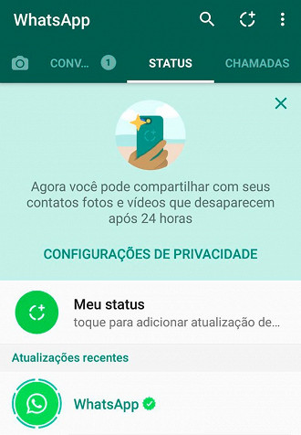 Status do WhatsApp permite ao usuário compartilhar fotos com duração de 24h com contatos.