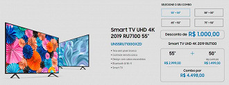 Combos indicam os preços da TV 4K escolhida e o desconto concedido. Combos indicam os preços da TV 4K escolhida e o desconto concedido.
