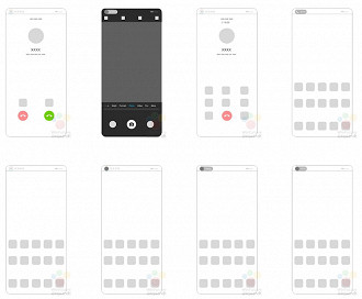 Esboços mostram como funcionaria a câmera sobre a tela de um smartphone: a área teria outras funções quando a câmera não fosse ativada. Patente foi comprada pela Huawei.