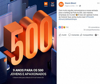 Publicação da Xiaomi no Facebook