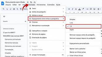 Formatar > Espaçamento entre linhas e parágrafos > 1,5.