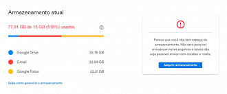 Espaço utilizado supera e muito o limite gratuito disponível no Google Drive